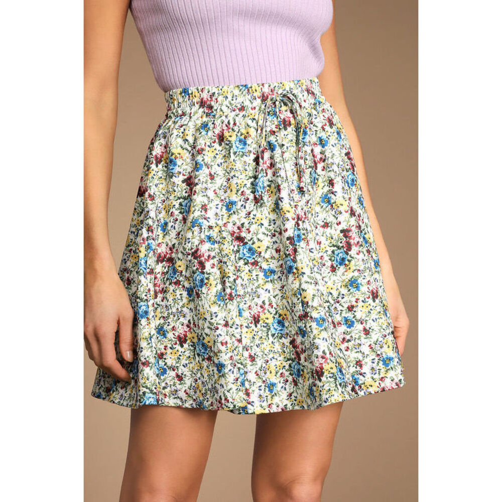 Lulus Cute Factor White And Blue Floral Print Tiered Mini Skirt - Size S